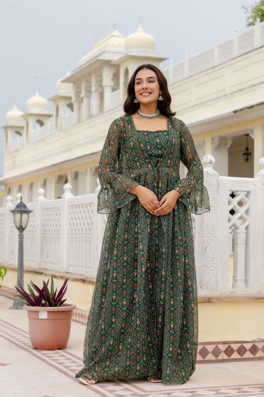Mehndi Wear Digital Printed Green Indo Western Dress