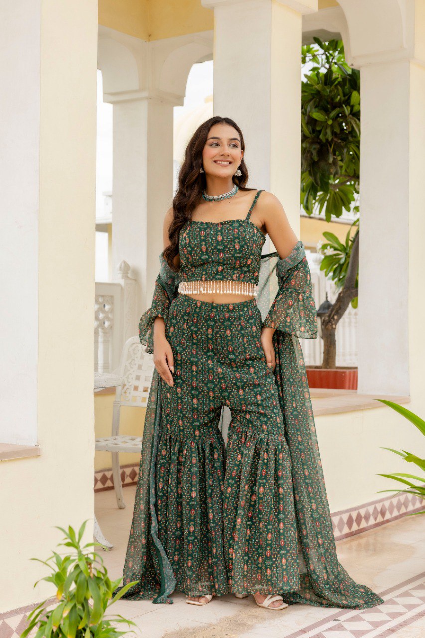 Mehndi Wear Digital Printed Green Indo Western Dress