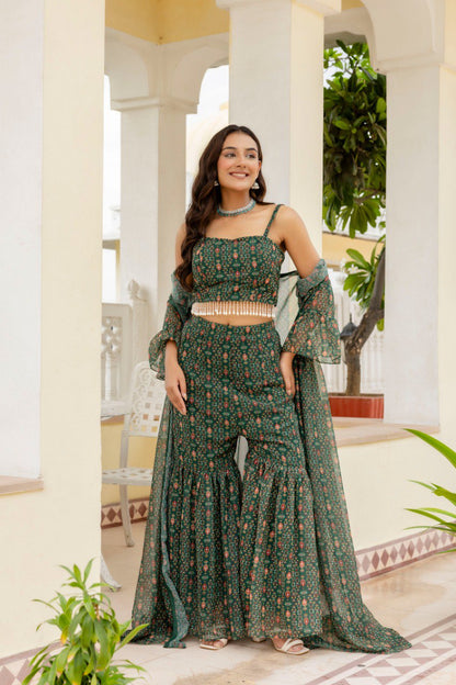 Mehndi Wear Digital Printed Green Indo Western Dress