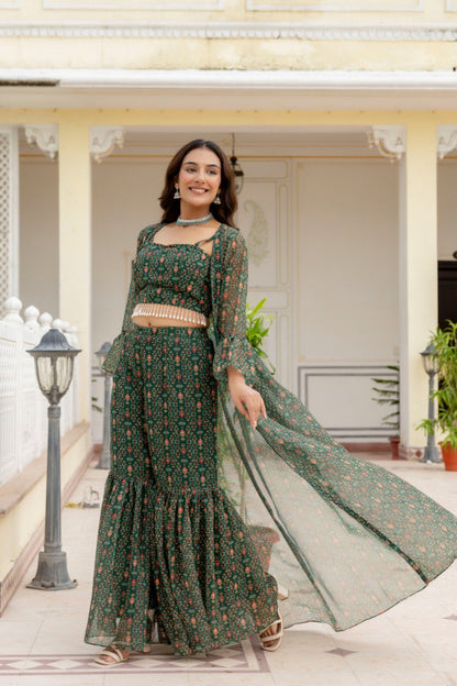 Mehndi Wear Digital Printed Green Indo Western Dress