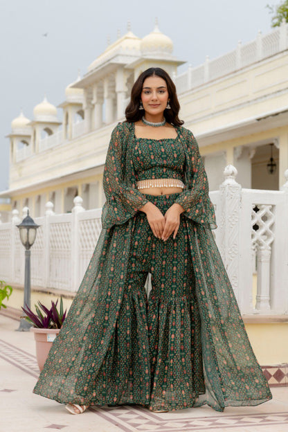 Mehndi Wear Digital Printed Green Indo Western Dress