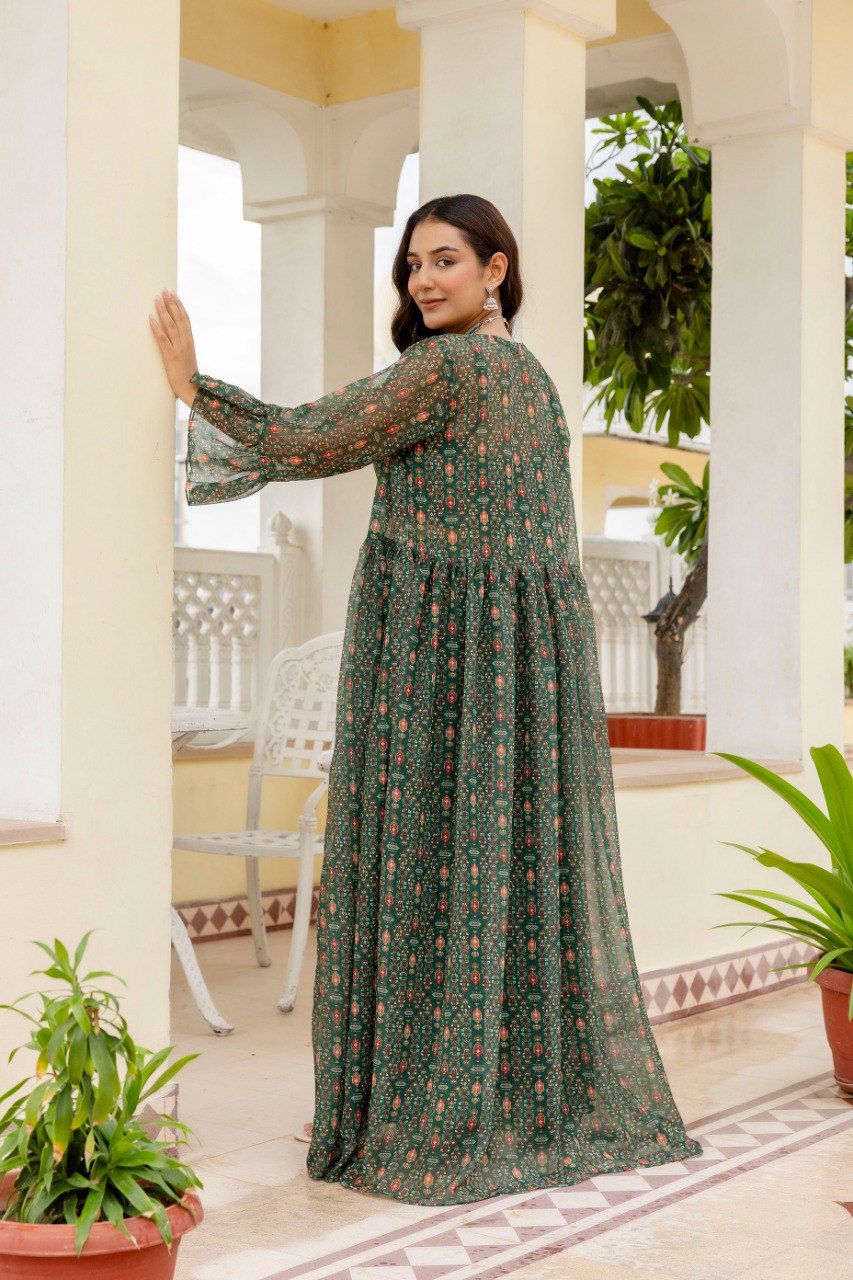 Mehndi Wear Digital Printed Green Indo Western Dress