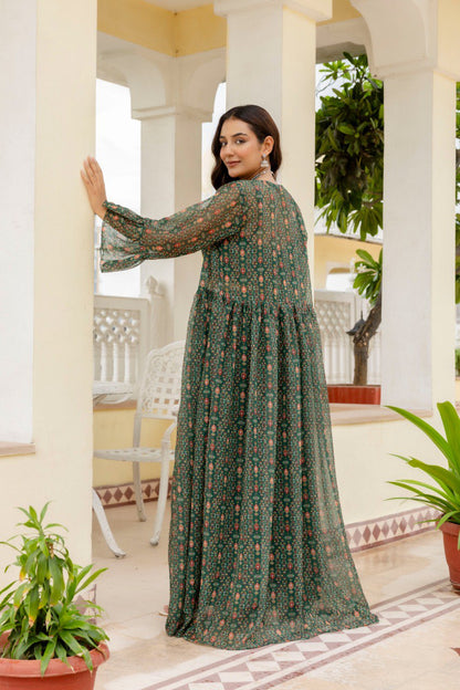 Mehndi Wear Digital Printed Green Indo Western Dress