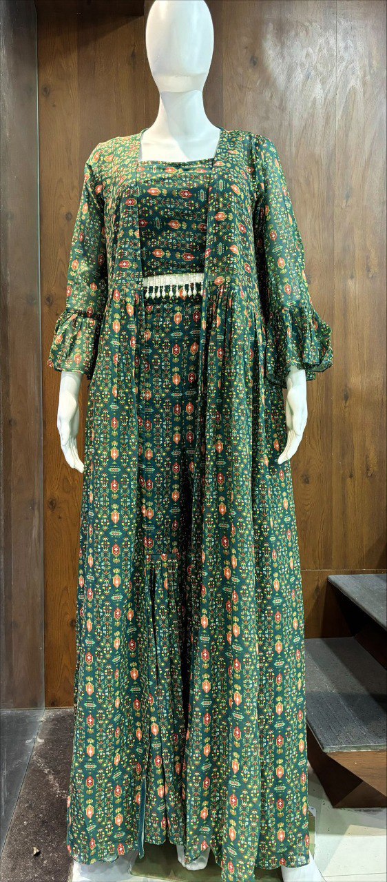 Mehndi Wear Digital Printed Green Indo Western Dress