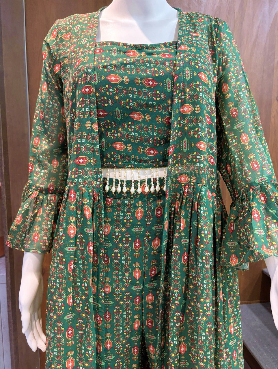 Mehndi Wear Digital Printed Green Indo Western Dress