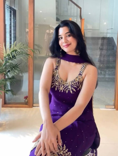 Party Wear Purple Sleeveless Palazzo Suit