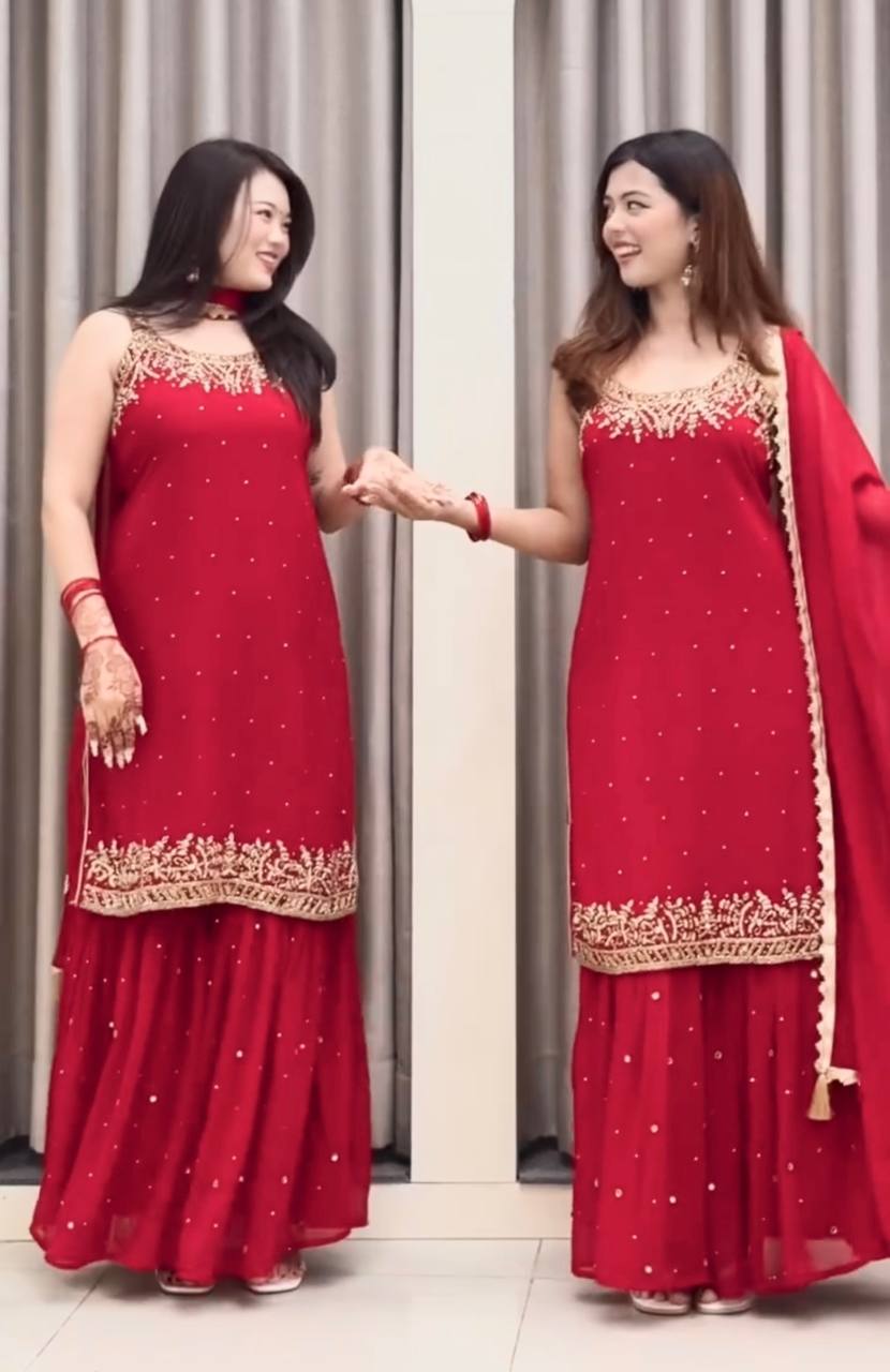 Karwachuath Special Red HandWork Palazzo Suit