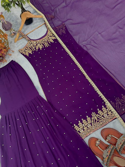 Party Wear Purple Sleeveless Palazzo Suit