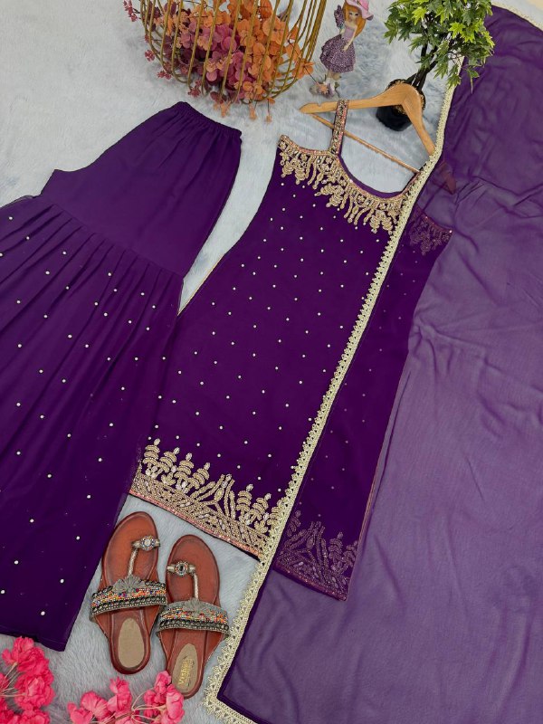 Party Wear Purple Sleeveless Palazzo Suit