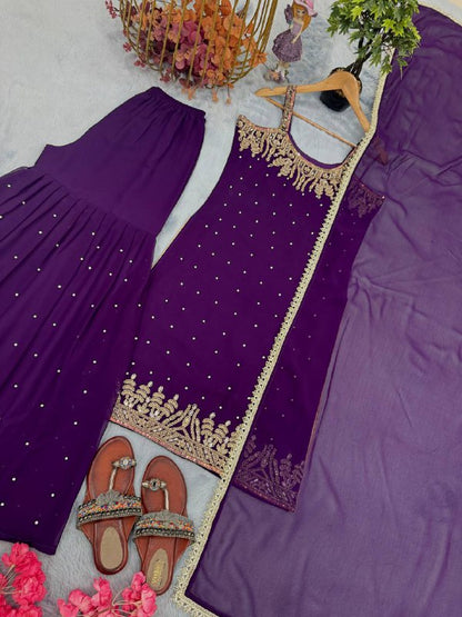 Party Wear Purple Sleeveless Palazzo Suit