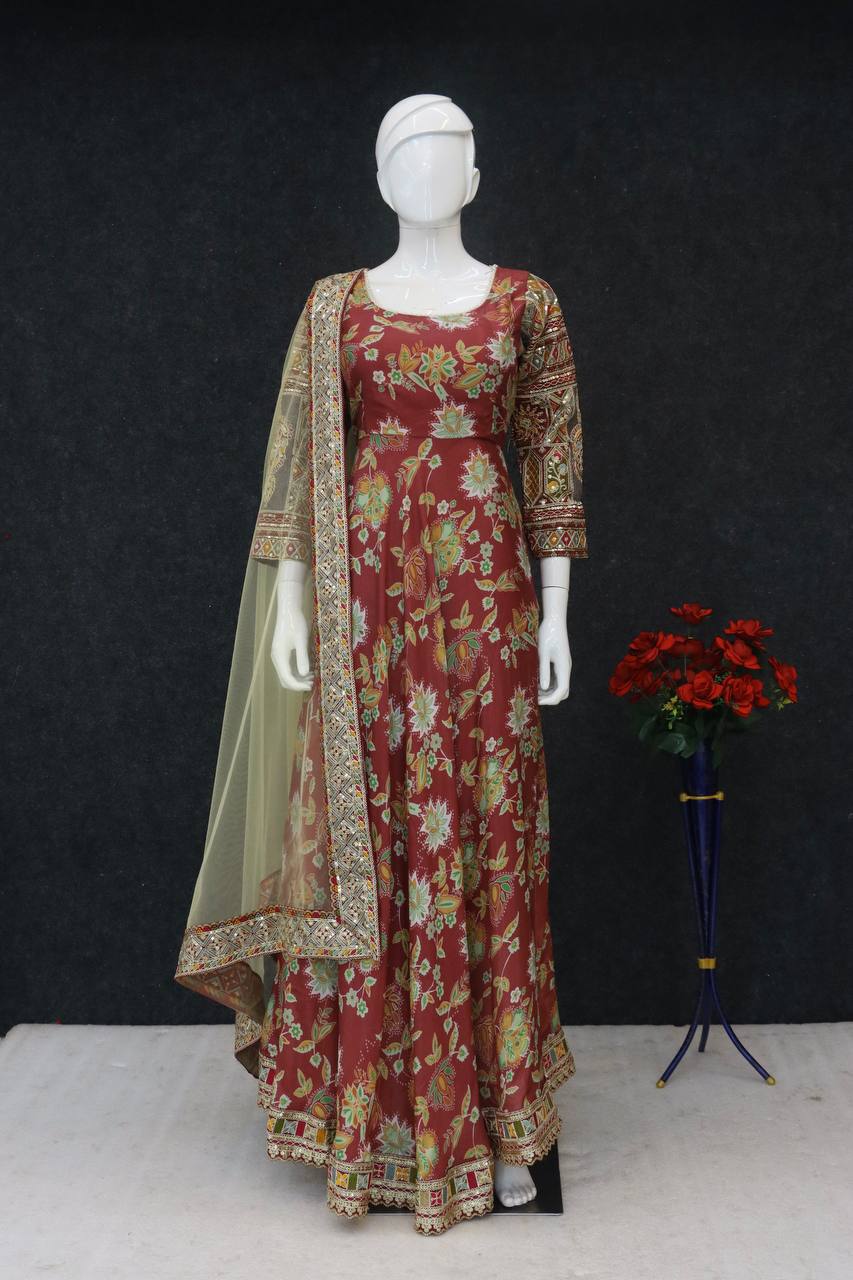 Heavy Chinon Silk Gown with Embroidery & Sequins Work