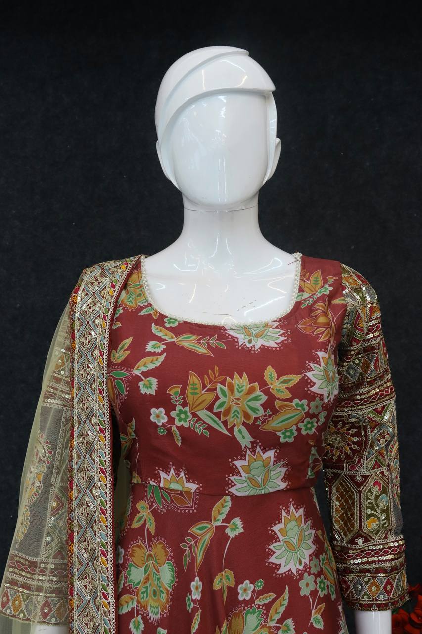 Heavy Chinon Silk Gown with Embroidery & Sequins Work