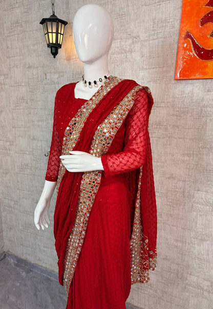 Designer Faux Georgette Heavy Embroidery Sequins Mirror Work Saree