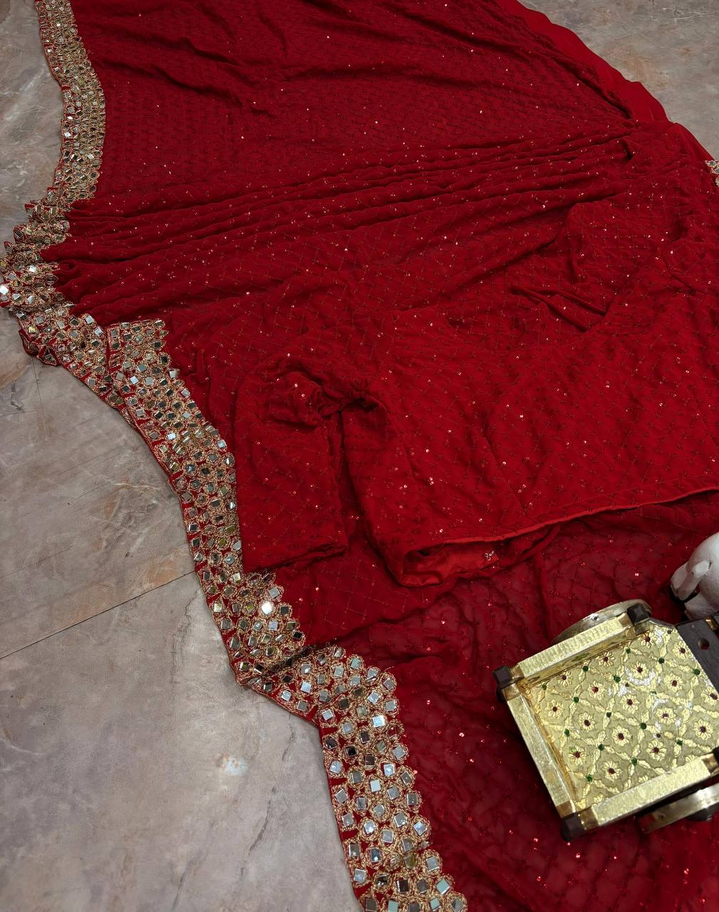 Designer Faux Georgette Heavy Embroidery Sequins Mirror Work Saree