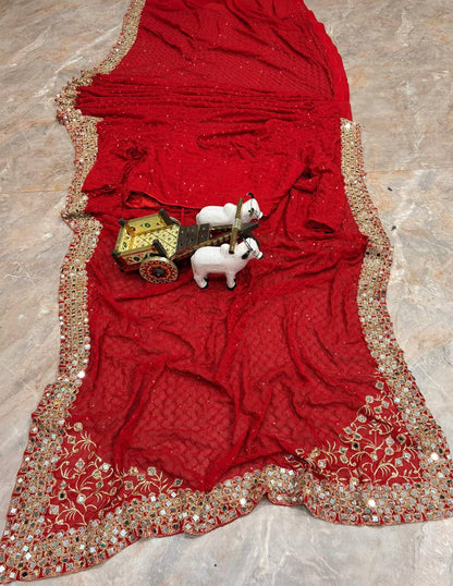 Designer Faux Georgette Heavy Embroidery Sequins Mirror Work Saree