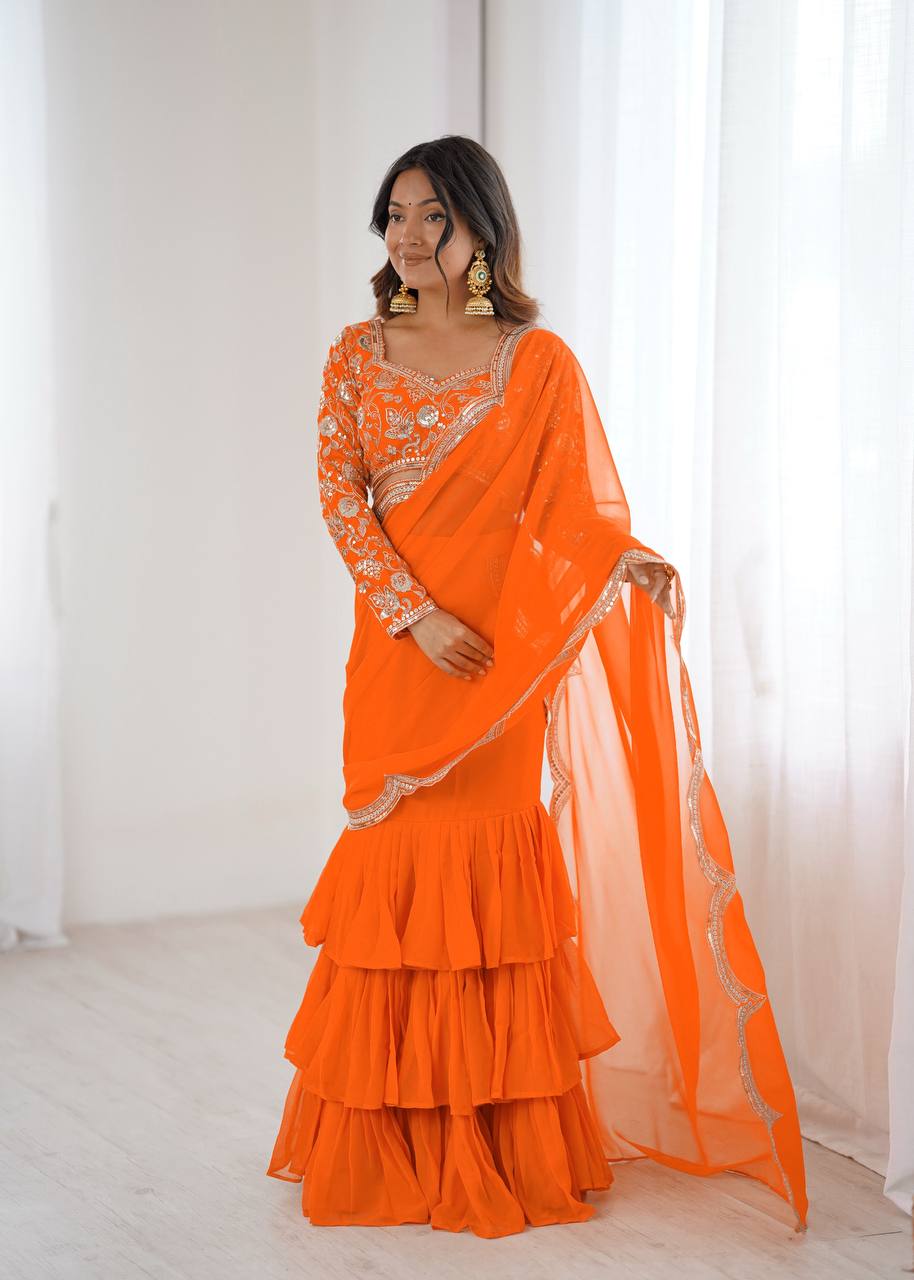 Elegant Thread & Sequin Embroidered Faux Georgette Ruffle Saree