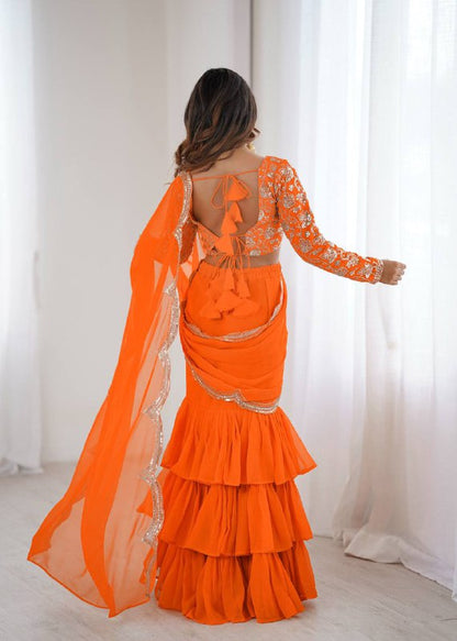 Elegant Thread & Sequin Embroidered Faux Georgette Ruffle Saree