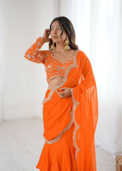 Elegant Thread & Sequin Embroidered Faux Georgette Ruffle Saree