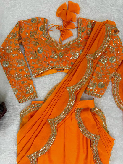 Elegant Thread & Sequin Embroidered Faux Georgette Ruffle Saree
