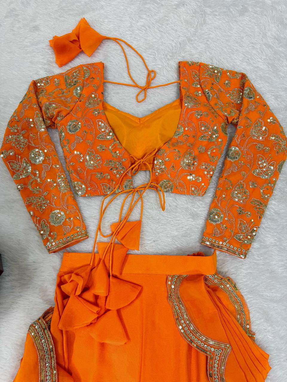Elegant Thread & Sequin Embroidered Faux Georgette Ruffle Saree
