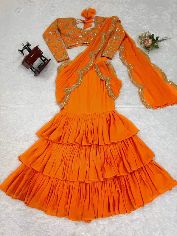 Elegant Thread & Sequin Embroidered Faux Georgette Ruffle Saree