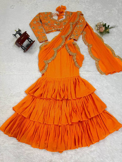 Elegant Thread & Sequin Embroidered Faux Georgette Ruffle Saree