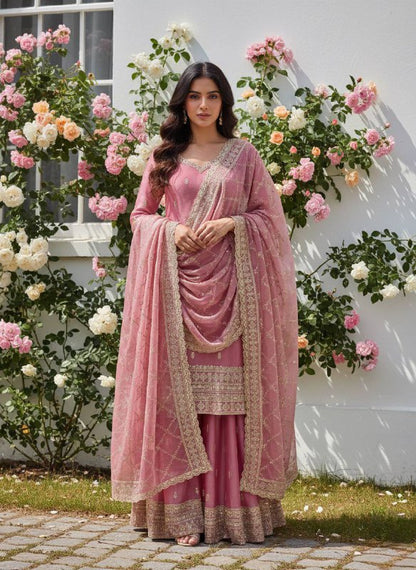 Pure GMY Silk Embroidered Top Palazzo Suit with Dupatta