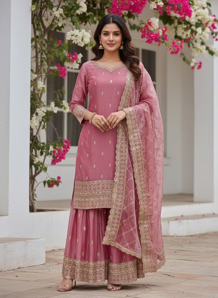 Pure GMY Silk Embroidered Top Palazzo Suit with Dupatta