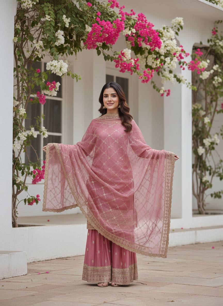 Pure GMY Silk Embroidered Top Palazzo Suit with Dupatta
