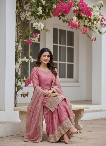 Pure GMY Silk Embroidered Top Palazzo Suit with Dupatta