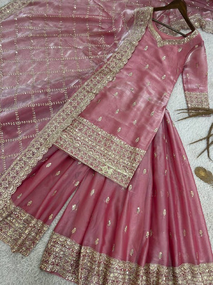 Pure GMY Silk Embroidered Top Palazzo Suit with Dupatta
