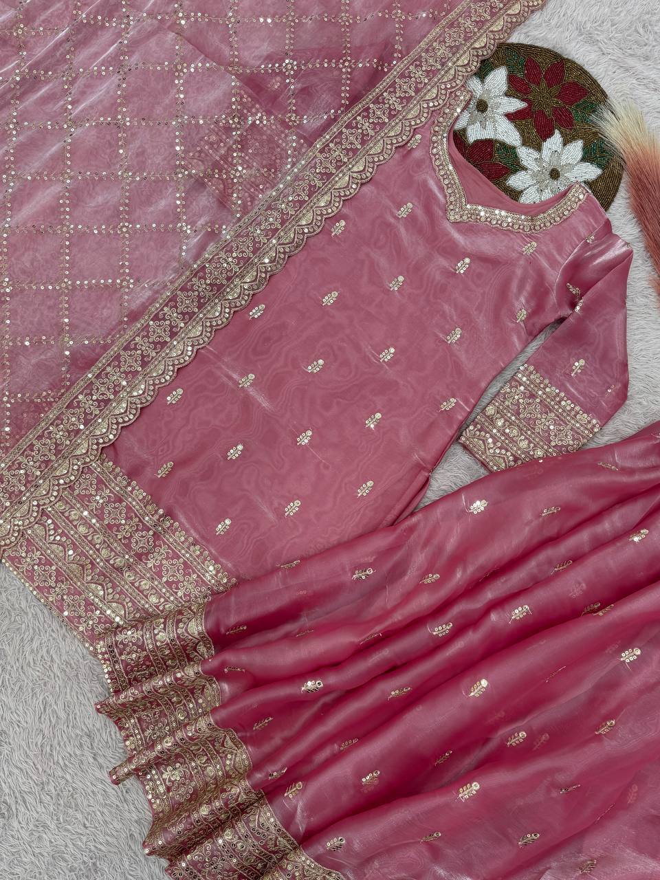 Pure GMY Silk Embroidered Top Palazzo Suit with Dupatta