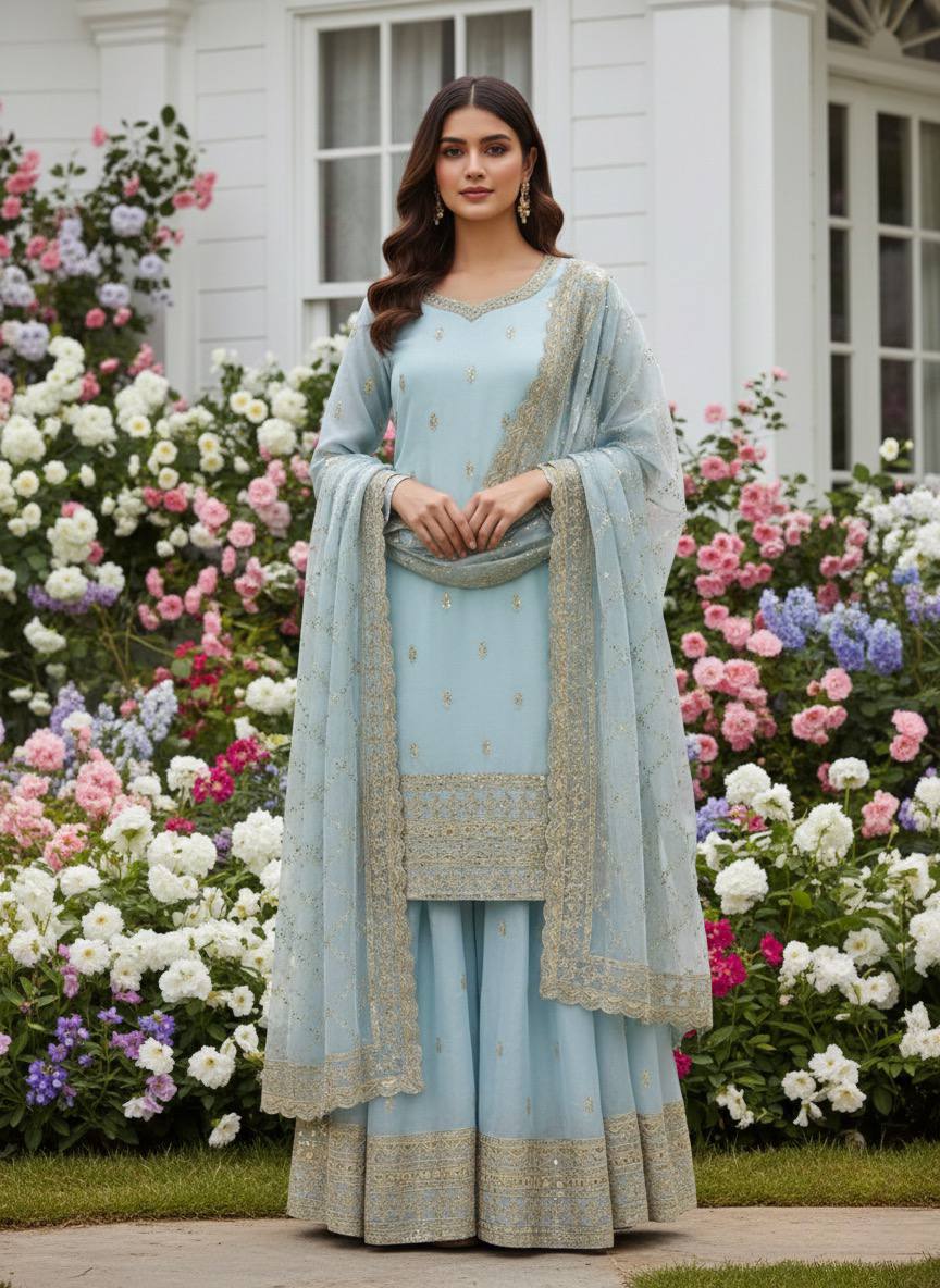 Designer Pure GMY Silk Top Palazzo Suit with Dupatta