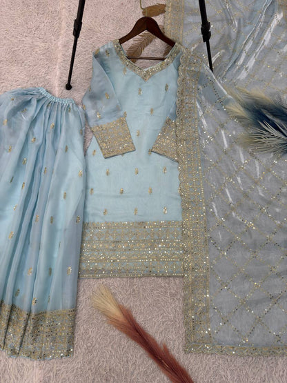 Designer Pure GMY Silk Top Palazzo Suit with Dupatta