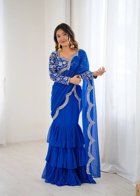 Faux Georgette Ruffle Saree with Thread & Sequin Embroidery and Blouse