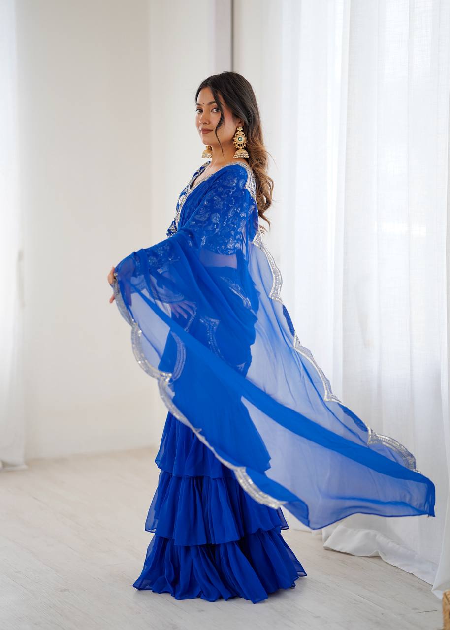 Faux Georgette Ruffle Saree with Thread & Sequin Embroidery and Blouse