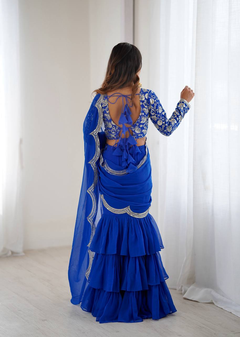Faux Georgette Ruffle Saree with Thread & Sequin Embroidery and Blouse