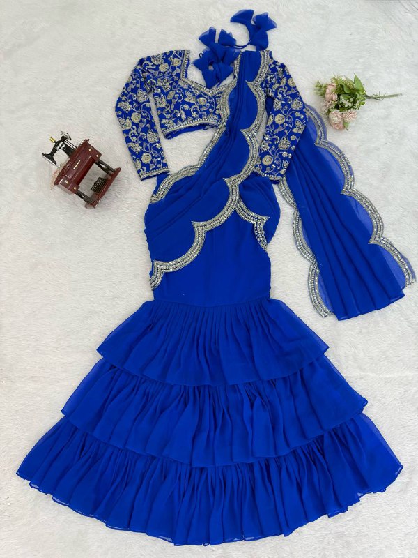 Faux Georgette Ruffle Saree with Thread & Sequin Embroidery and Blouse