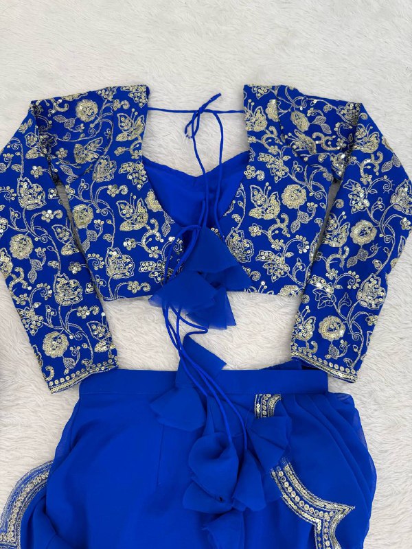 Faux Georgette Ruffle Saree with Thread & Sequin Embroidery and Blouse