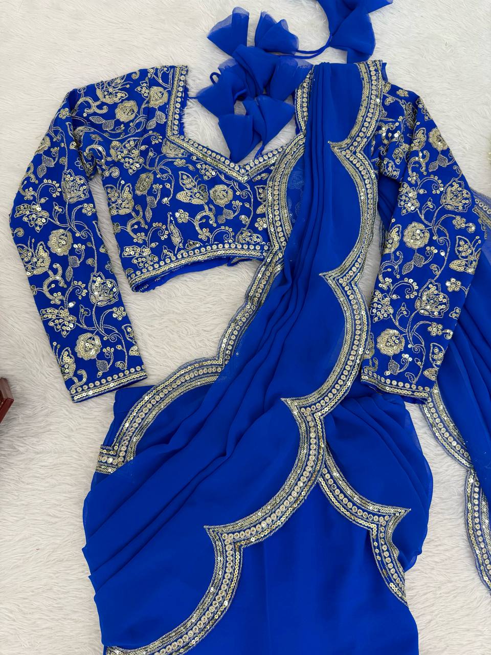 Faux Georgette Ruffle Saree with Thread & Sequin Embroidery and Blouse
