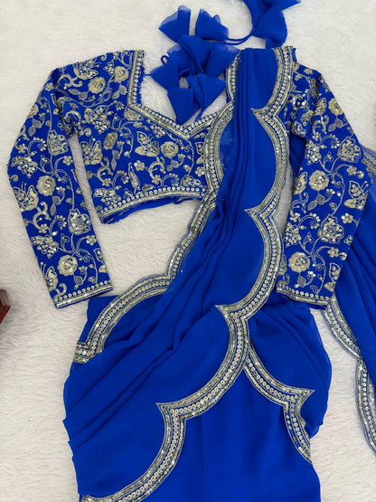 Faux Georgette Ruffle Saree with Thread & Sequin Embroidery and Blouse