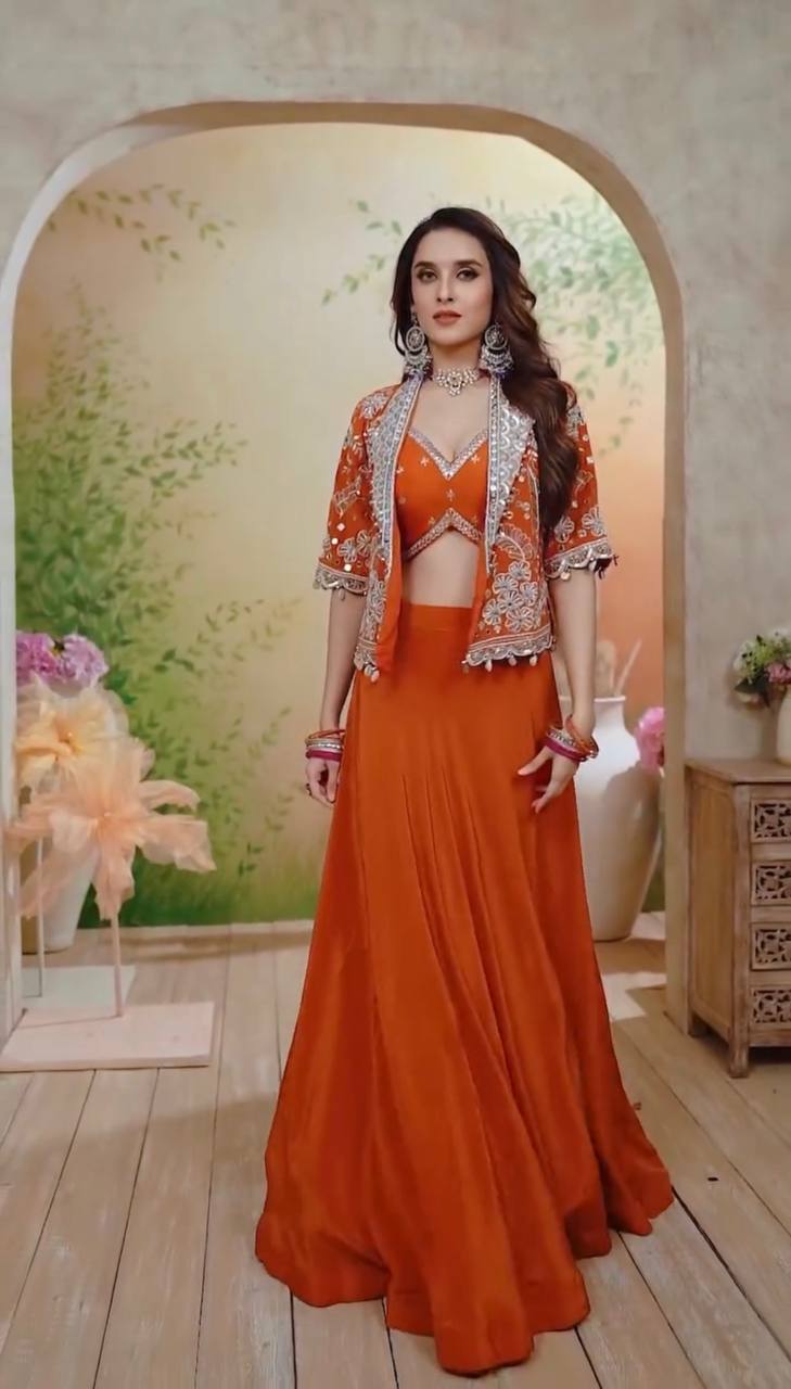 Orange Silk Lehenga Choli Set with Embroidered Blouse And Koti