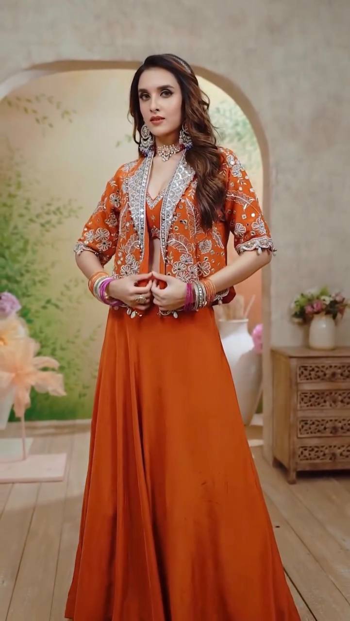 Orange Silk Lehenga Choli Set with Embroidered Blouse And Koti