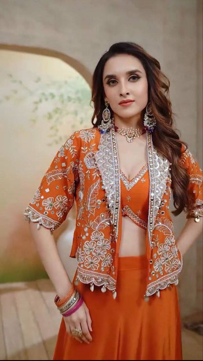 Orange Silk Lehenga Choli Set with Embroidered Blouse And Koti