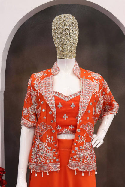 Orange Silk Lehenga Choli Set with Embroidered Blouse And Koti