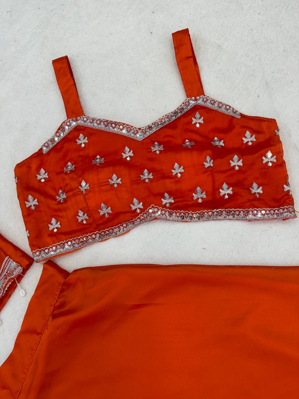 Orange Silk Lehenga Choli Set with Embroidered Blouse And Koti