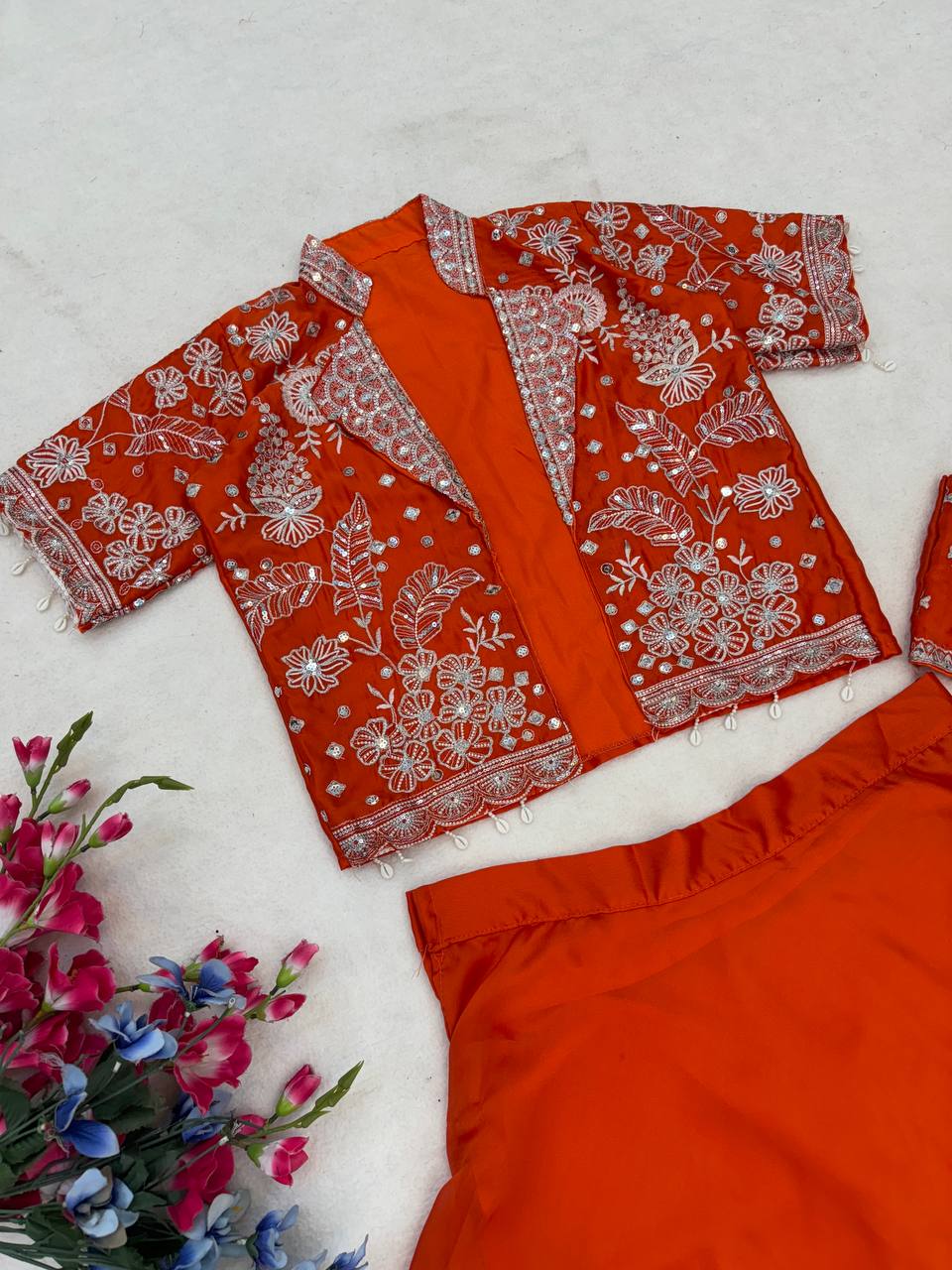 Orange Silk Lehenga Choli Set with Embroidered Blouse And Koti