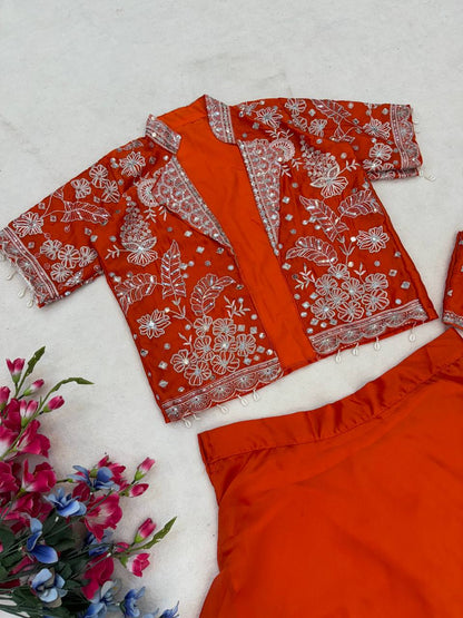 Orange Silk Lehenga Choli Set with Embroidered Blouse And Koti