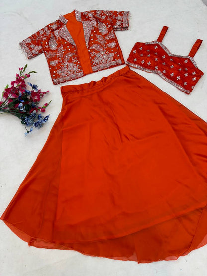 Orange Silk Lehenga Choli Set with Embroidered Blouse And Koti