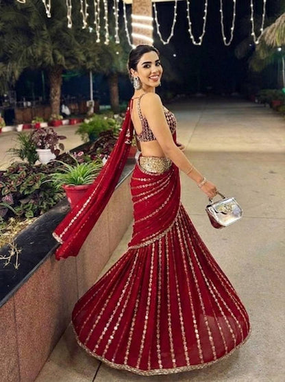 Ready to Wear Faux Georgette Mirror Work Saree with Unstitched Blouse